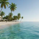 Cena paradisíaca de uma praia de Maceió com areia branca, coqueiros e águas turquesa, e uma charmosa acomodação à beira-mar, destacando os melhores lugares para se hospedar em Maceió perto da praia.
