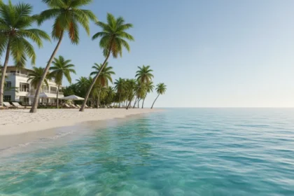Cena paradisíaca de uma praia de Maceió com areia branca, coqueiros e águas turquesa, e uma charmosa acomodação à beira-mar, destacando os melhores lugares para se hospedar em Maceió perto da praia.