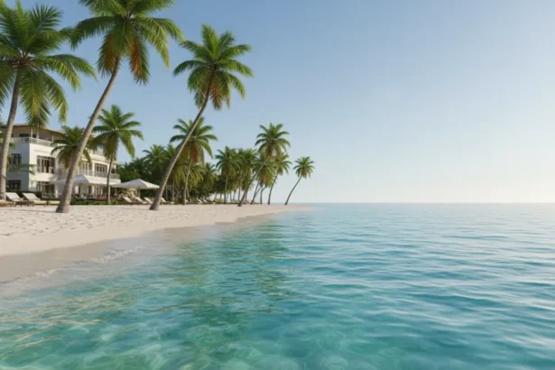 Cena paradisíaca de uma praia de Maceió com areia branca, coqueiros e águas turquesa, e uma charmosa acomodação à beira-mar, destacando os melhores lugares para se hospedar em Maceió perto da praia.