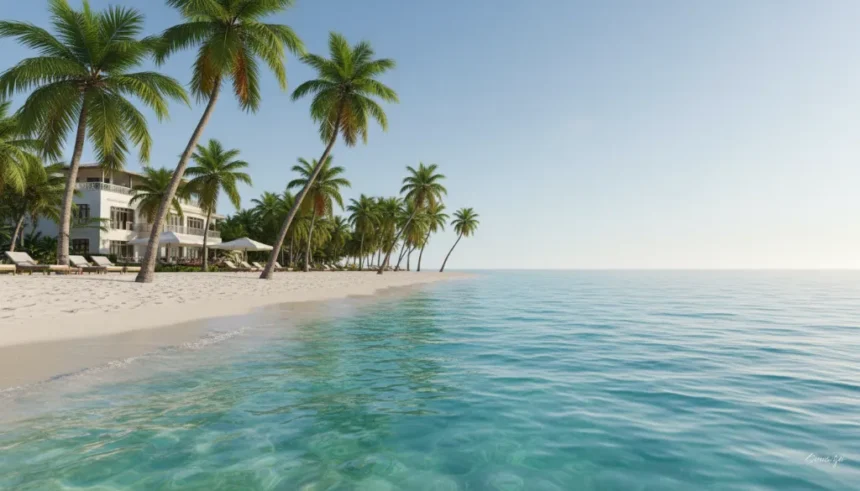 Cena paradisíaca de uma praia de Maceió com areia branca, coqueiros e águas turquesa, e uma charmosa acomodação à beira-mar, destacando os melhores lugares para se hospedar em Maceió perto da praia.