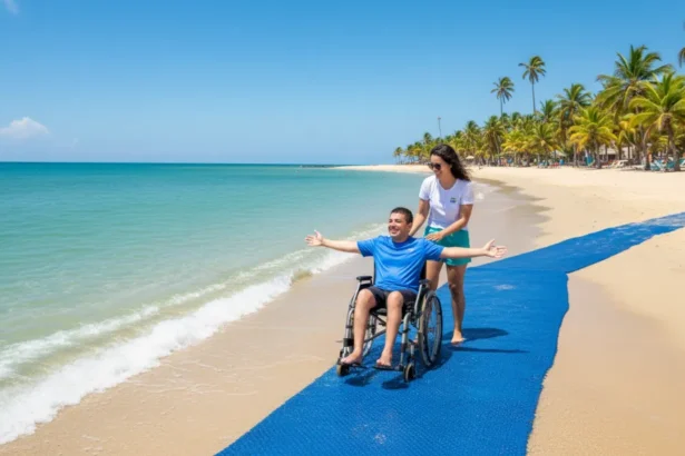 Pessoa em cadeira de rodas adaptada na beira da água em uma praia paradisíaca de Maceió, com infraestrutura de acesso e palmeiras, destacando as praias acessíveis em Maceió para cadeirantes.