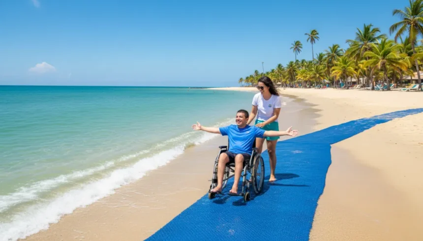 Pessoa em cadeira de rodas adaptada na beira da água em uma praia paradisíaca de Maceió, com infraestrutura de acesso e palmeiras, destacando as praias acessíveis em Maceió para cadeirantes.