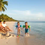 Família feliz com crianças pequenas brincando em águas calmas e cristalinas de uma das praias em Maceió boas para crianças, com coqueiros e areia branca ao fundo.