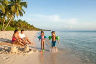 Família feliz com crianças pequenas brincando em águas calmas e cristalinas de uma das praias em Maceió boas para crianças, com coqueiros e areia branca ao fundo.
