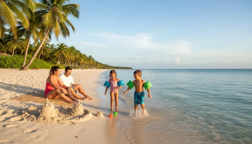 Família feliz com crianças pequenas brincando em águas calmas e cristalinas de uma das praias em Maceió boas para crianças, com coqueiros e areia branca ao fundo.